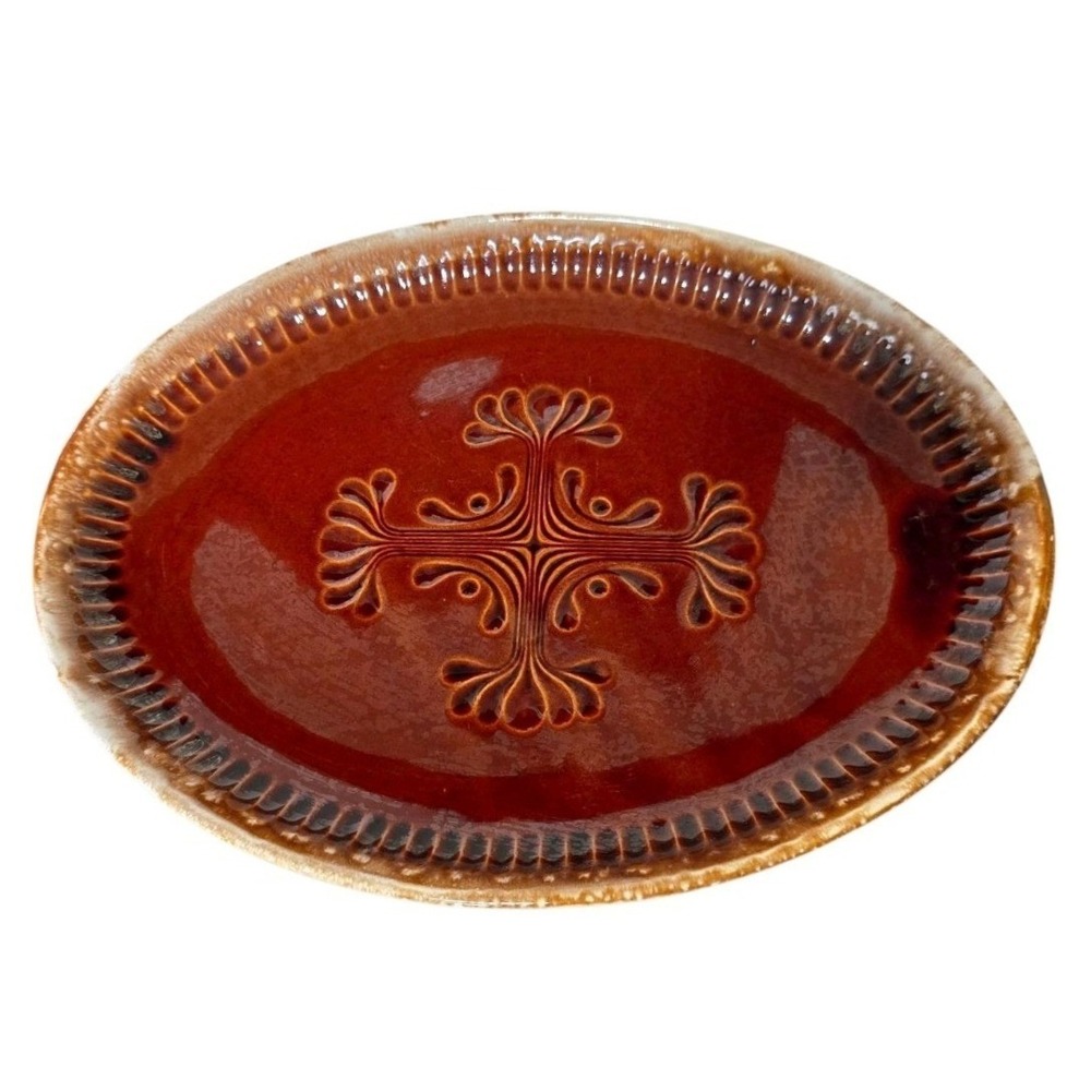 McCoy Brown Drip Large Oval Serving Platter Embossed Tree Of Life #7062 10x14‎